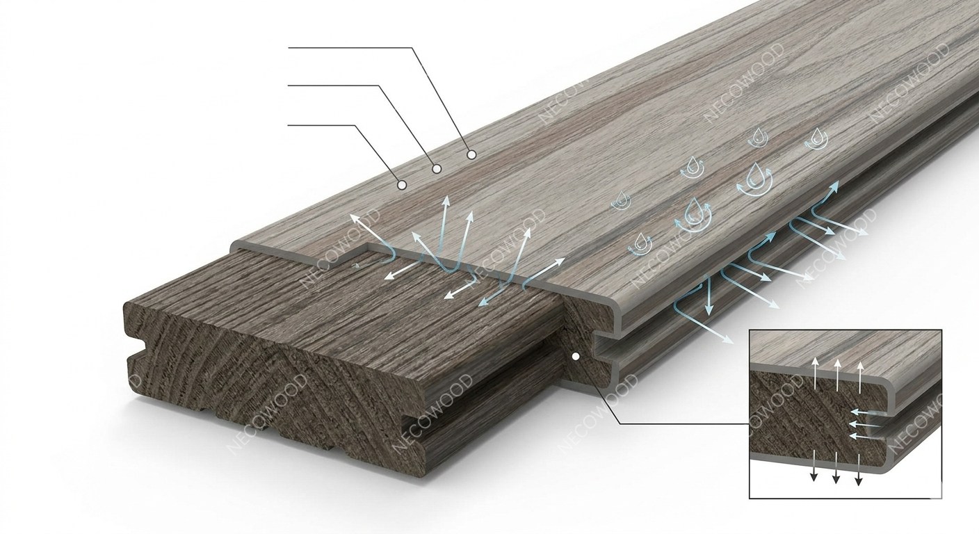 Cross-section Teknologi Shield PT Necowood Indonesia Diagram teknis ko-ekstrusi high-polymer shield PT Necowood Indonesia menunjukkan lapisan pelindung anti air, anti rayap, dan UV untuk iklim tropis