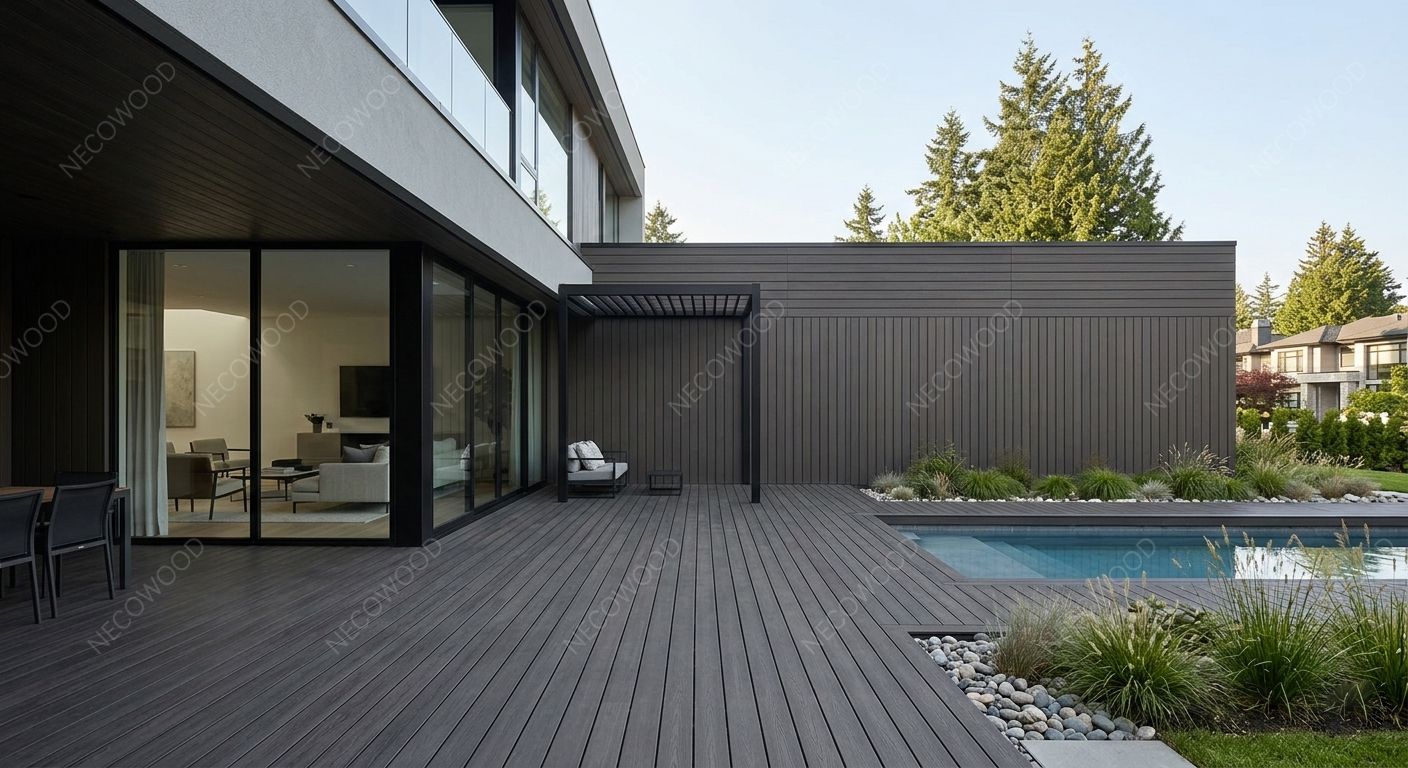 Pasokan Pabrik Langsung untuk Indonesia Logistik PT Necowood Indonesia memuat palet sandaran dinding WPC bersertifikat tropis untuk proyek komersial di IKN (Ibu Kota Nusantara)